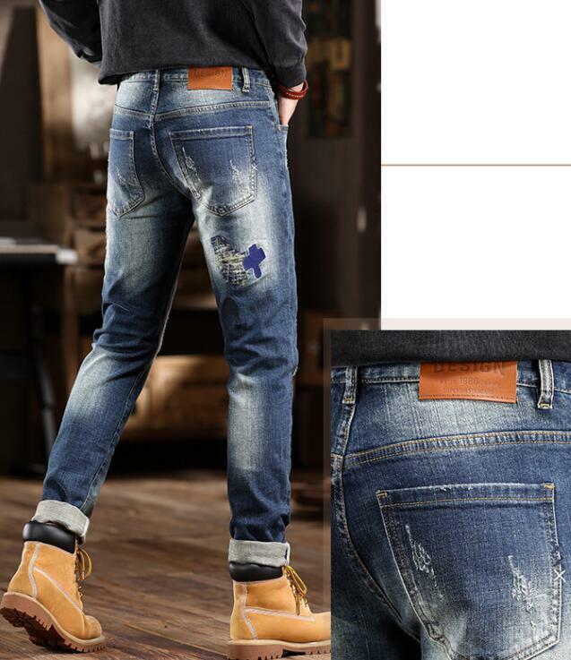 Men Jeans High Elasticity Trousers Youth Beggar Embroidery Patch Street Jeans