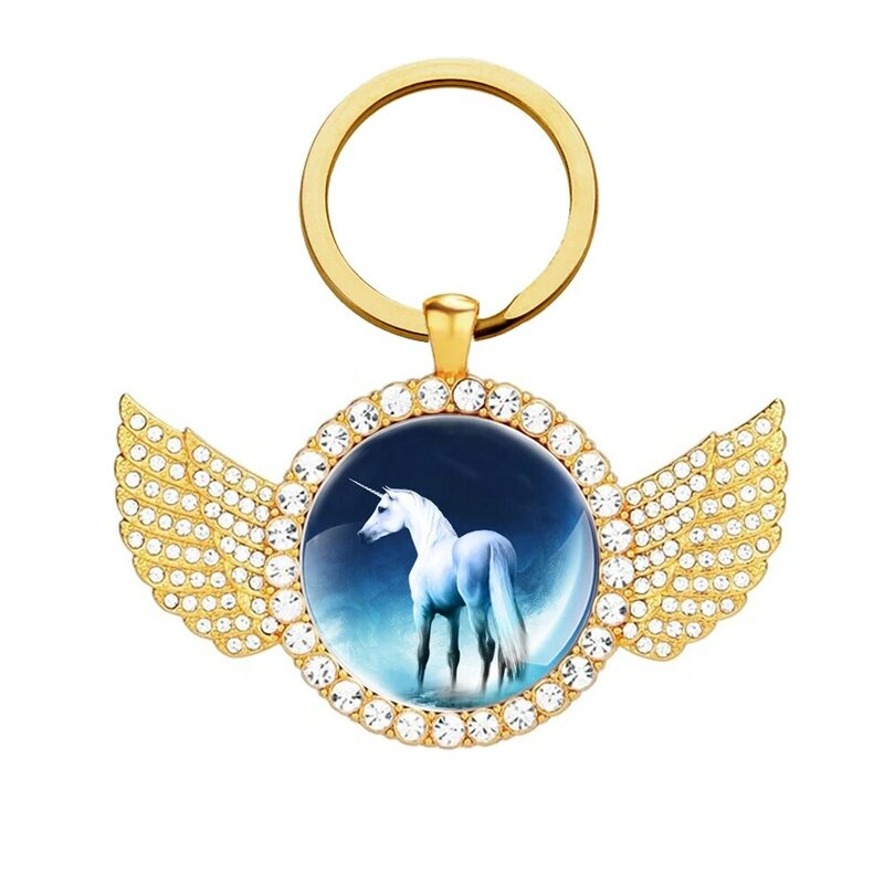 하이 퀄리티 귀여운 유니콘 유리 카보숑 금속 펜던트 열쇠 고리, 날개 달린 개성 있는 열쇠 고리, 보석 선물