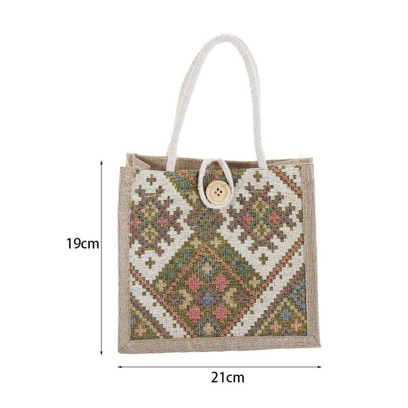 Bolso de lona de estilo étnico con estampado, bolsa de lino portátil de gran capacidad, bolso de mamá, bolsa de almuerzo de Tela con estampado bordado, bolsa de viaje