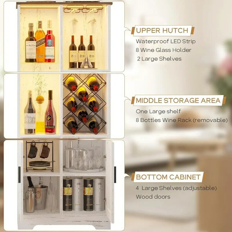 Wine Bar Cabinet com luzes LED, Armário de licor com vidro, Farmhouse Modern