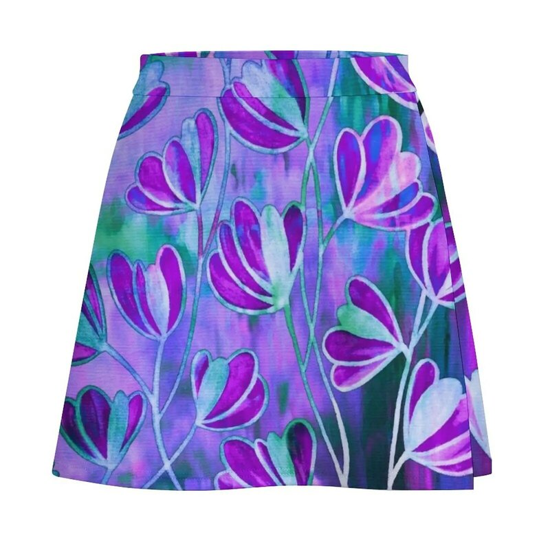Wykwity liliowy lawendowy fioletowy turkusowy niebieska w kwiaty ogrodowy akwarela malowanie wzór kwiaty natura piękne wzory Mini spódnica