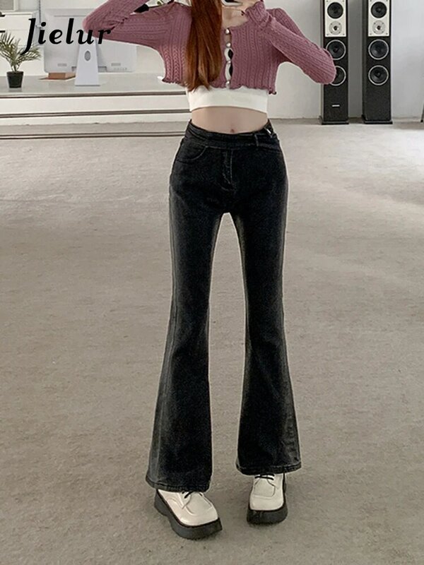 Jieur Jeans Hitam Gradien Fashion Baru Elastis Ketat Pas OL Flare Celana Panjang Wanita Pinggang Tinggi Celana Denim Ramping Wanita S-XL