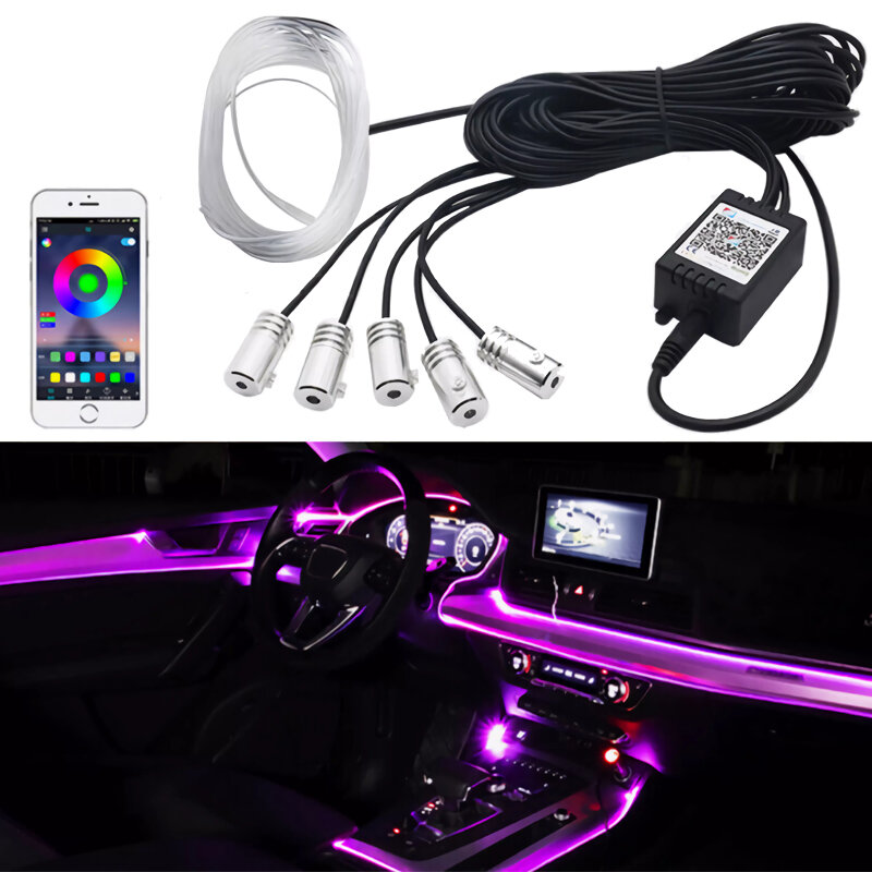 Samochodowe LED wewnętrzne światła neonowy przewód świecący EL Wire elastyczne światłowodowe RGB z kontrola aplikacji nastrojowa lampa dekoracyjna samochodowym 12V