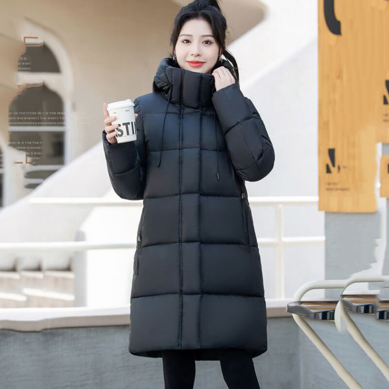 Jaqueta comprida de algodão acolchoada, parka com capuz, casaco de neve, sobretudo quente, moda casual, feminina, coreano, novo, inverno