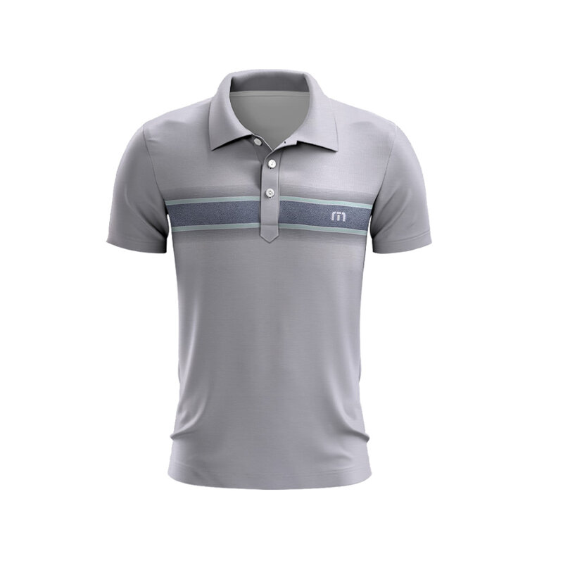Kaus Polo Golf pria, kaos Poloshirt kancing klub Golf atasan cepat kering desain gradien tiga warna musim panas