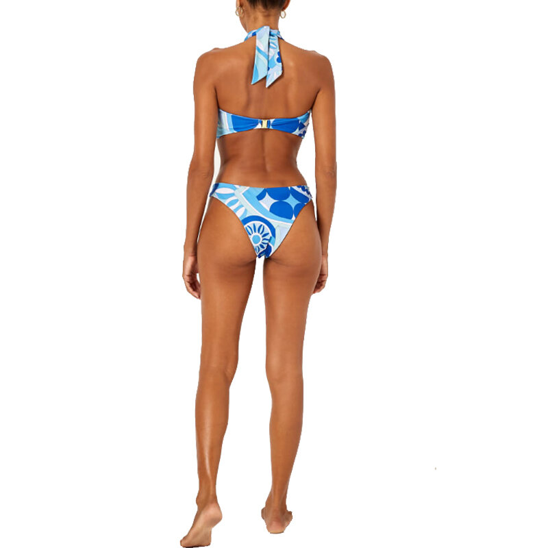 Bikini ze stringami ze spódnicą damski strój kąpielowy z nadrukiem niebieski wzór kostium kąpielowy kostium kąpielowy kostium kąpielowy