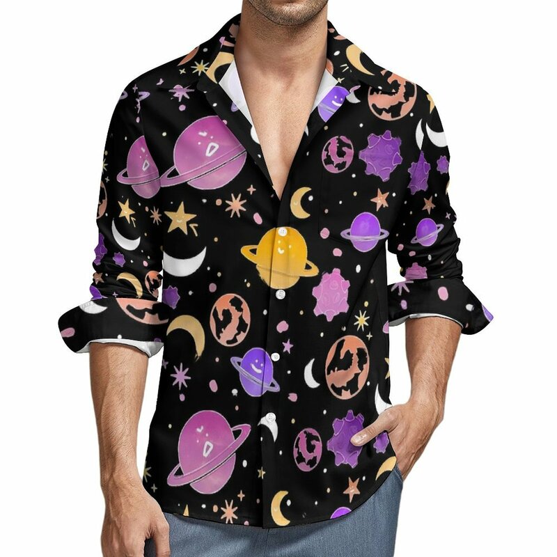 Camicetta con stampa spaziale camicia da uomo con stelle della galassia della luna manica lunga camicie Casual comode e larghe abbigliamento di Design primaverile taglie forti