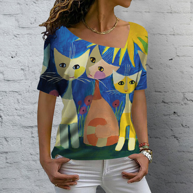 레트로 애니메이션 고양이 그래픽 소녀 의류, V넥 반팔 티셔츠, 여성 하라주쿠 스트리트웨어, 오버사이즈 블라우스, 여름