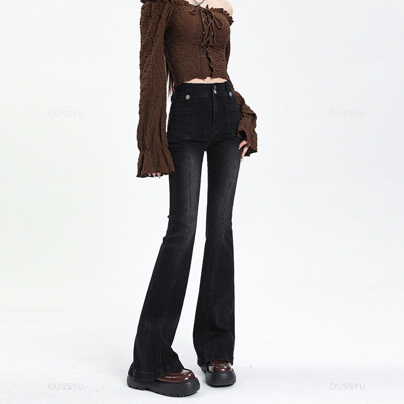 Flared Jeans Vrouw Vintage Hoge Taille Vrouwen Slim Stretch Denim Strakke Broek Koreaanse Street Style Casual Broek Plus Lengte