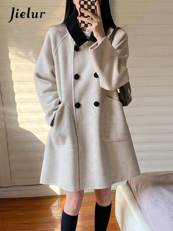 Jielur Grey Spruch Farbe adrette Stil Frauen mischt zweireihige lässige einfache Mode Büro Damen süße Taschen weibliche Wolle