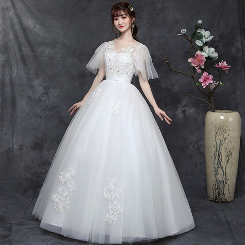 GIYSILE-فستان زفاف أبيض ، فستان سهرة كبير الحجم ، النمط الكوري ، بأكمام الربع ، الأكمام المشتعل ، مزاجه ، الزفاف الرئيسي