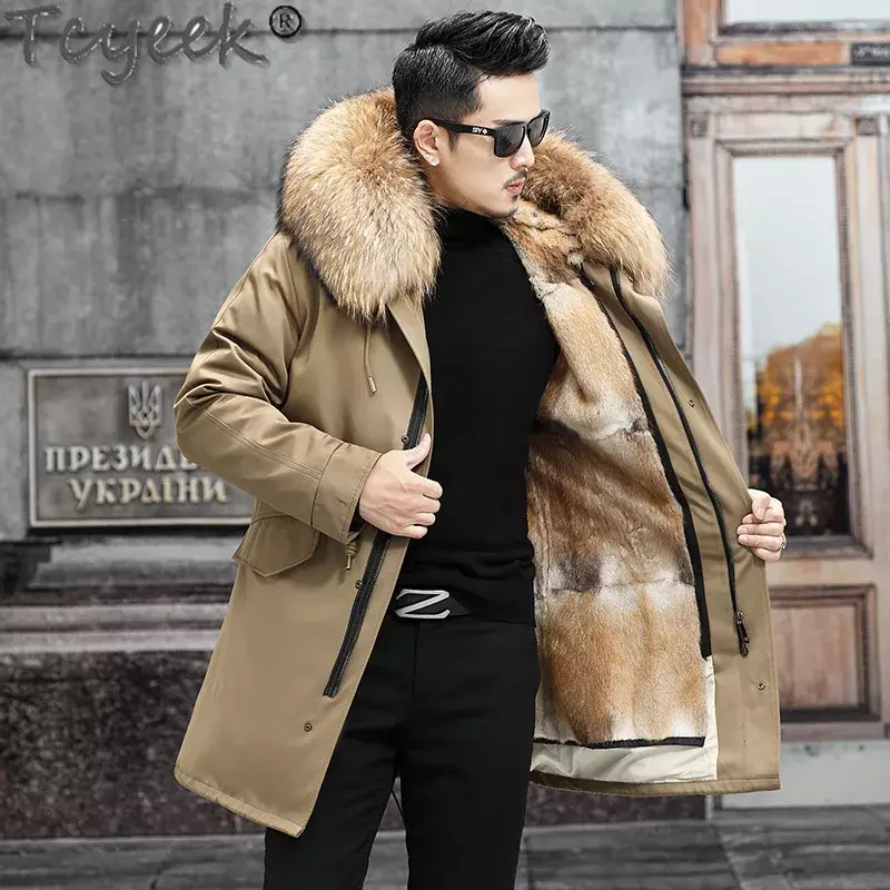 Теплая меховая подкладка Tcyeek 2023, съемное пальто, Мужская одежда, Воротник из меха енота, зимние куртки для мужчин, Модная парка из натурального меха