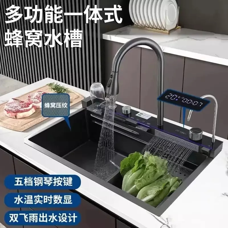 Feiyu Wasserfall Spüle Nano Edelstahl Haushalts küchen spüle Waben geprägte Digital anzeige großer Einzels chlitz