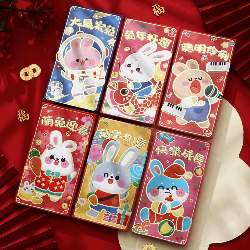 6 pçs chinês ano novo vermelho envelope bonito dos desenhos animados coelho ano novo vermelho pacote crianças sorte vermelho pacote criativo chinês ano novo