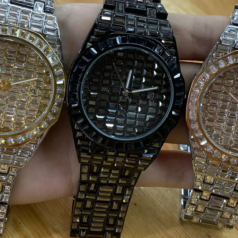 Reloj de oro de 18K para hombre, cronógrafo de lujo, estilo Hip Hop, totalmente Baguette, con diamantes, resistente al agua