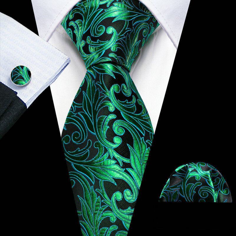Luxury Mens Ties Set Green Leaves Floral Paisley Striped Neck Tie Handkerchief Cufflinks Wedding Free Shipping Barry·Wang 6470