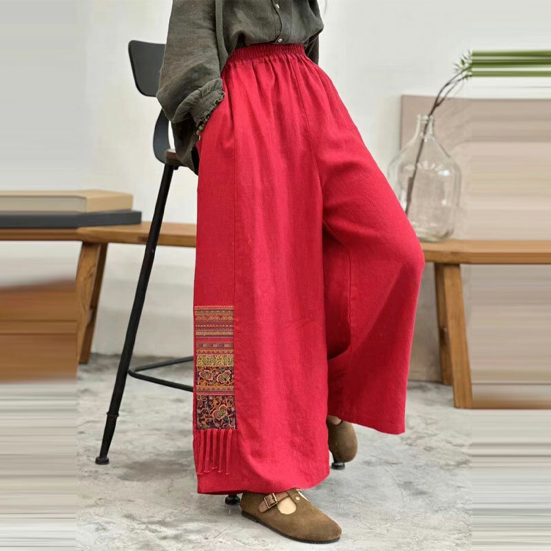 Pantalones bordados folclórico para mujer, ropa Vintage, pierna ancha, cintura alta, elástica, suelta, elegante, empalmado, recto, recortado, Verano