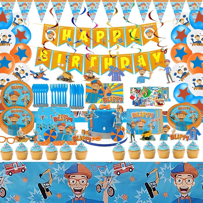Blippiing Themed Birthday Party Decoration Disposable Party Tableware Cups Plates Balloons for Boys Baby Shower Party Supplies