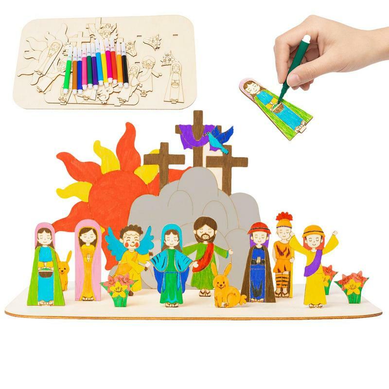 Christmas Jesus Nativity Scene Decorations Wooden Ornament Kids Toys DIY Creative Painted Graffiti Crafts Children Handmade Toys