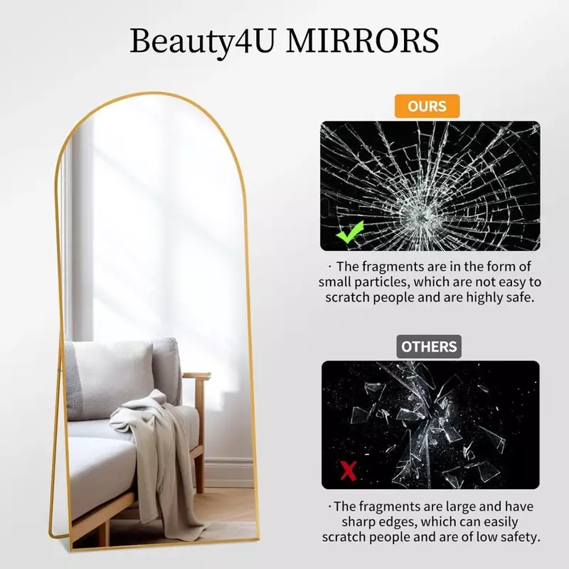 아치형 전체 길이 거울 바닥 스탠딩 또는 기울임, 금 알루미늄 합금 프레임이 있는 거울 드레싱, 65 인치 x 24 인치 거울