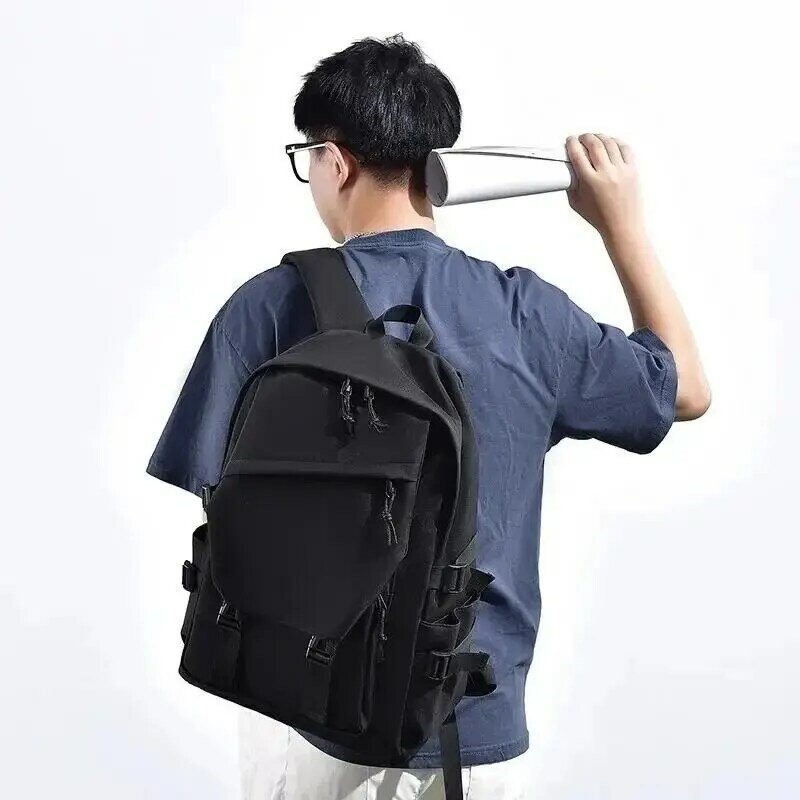 กระเป๋าเป้กันน้ำโพลีเอสเตอร์15นิ้วสีทึบสำหรับผู้ชายกระเป๋าเป้สะพายหลังสำหรับนักเรียนคู่แฟชั่น