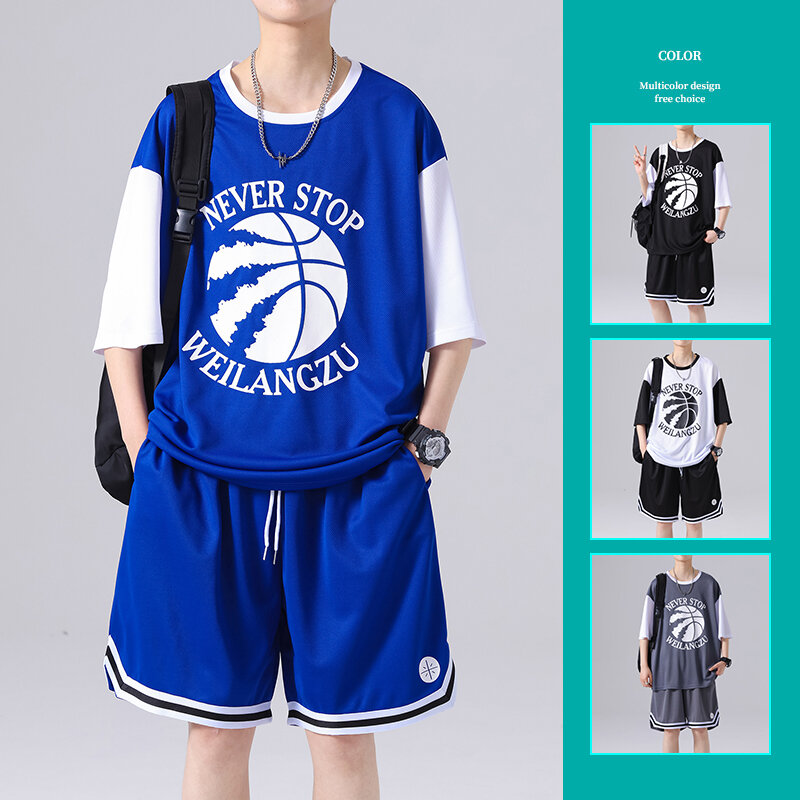 Conjunto de camiseta y pantalones cortos con estampado de baloncesto para hombre, traje deportivo informal, de Color sólido chándal, trajes sueltos de moda, novedad de verano 2024