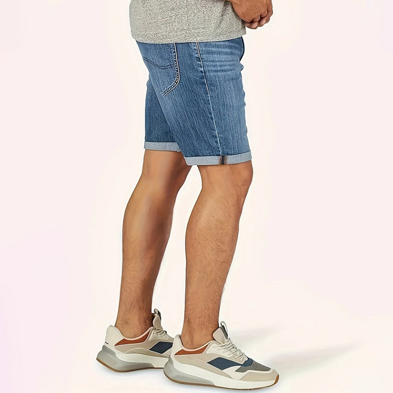 Celana pendek Denim elastis tipis untuk pria, celana pendek Denim elastis tipis musim panas dengan lubang, kaki lurus ramping, celana Medium 5 titik pria, kasual 5 Titik