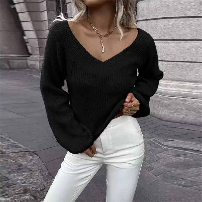 Sweater rajut wanita lengan panjang, Sweater Pullover longgar kasual leher V lengan panjang warna polos musim gugur musim dingin 2024