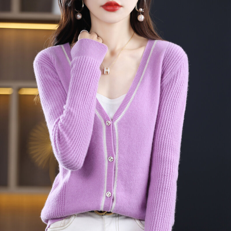 Autumn and winter new high-end color matching loose long-sleeved cardigan 100% pure sweater women's V-neck sweater coat