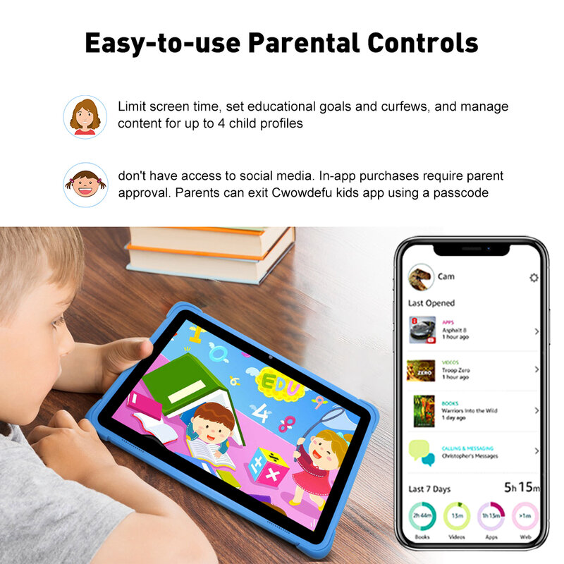 Cwowdefu-Tabletas de aprendizaje para niños pequeños, dispositivo de 10,1 pulgadas, Android 12, cuatro núcleos, 4GB, 64GB, WIFI, 6000mAh, con aplicación