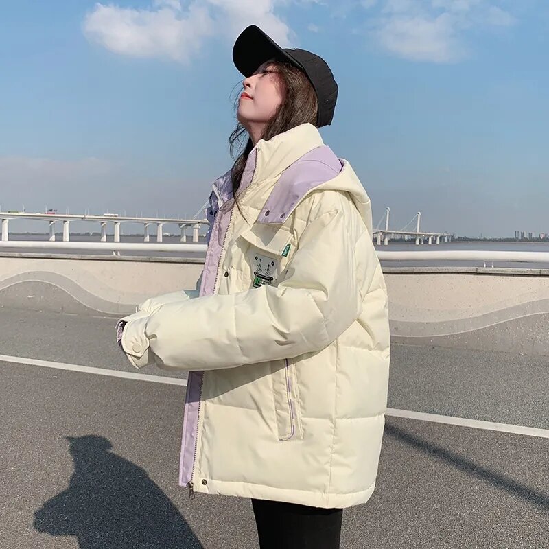 Down Cotton Jacket Women 2023 Winter Jackets New Fashion Loose Warm All-match Bread Coat Female Hooded Splicing Thick Parkas
