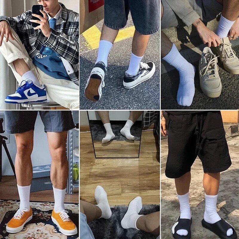 Meias de algodão puro monocromáticas para homens e mulheres, meias esportivas suaves e respiráveis, meias de tornozelo, preto e branco, 22 cm, 25 cm, 29cm, 3 pares
