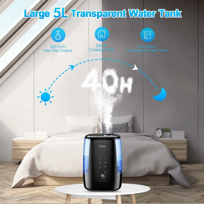 for Bedroom, 5L Ultrasonic Warm and Cool Mist Top Fill Air Vaporizer,Auto Shut-Off,Easy to Clean&Quiet Sleep Mode,Automatic 