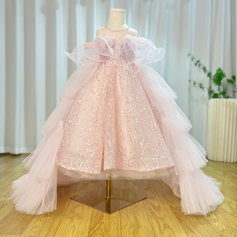 Jill Wish Sparkly Arabic Pink Girl Dress perline perle Dubai Kids Princess Birthday Wedding Party Ball abito formale 2024 J047