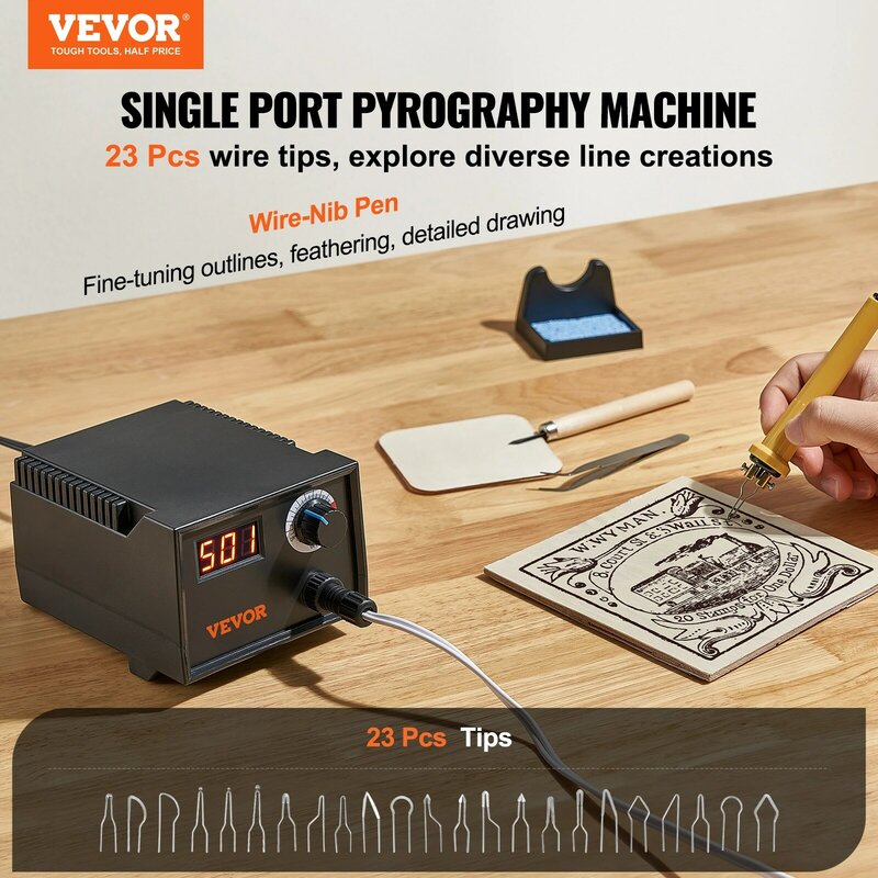 VEVOR Woodburning Pyrography Pen Machine Kit, ferramenta de queima de madeira, temperatura ajustável, 200 ° C, 250 ° C a 700 ° C, 23 Pcs Wire Tips