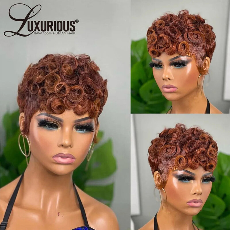 Curly Short Pixie Cut Wigs For Black Women Ginger Burgundy Full Machine Made Wigs Wear And Go Brazilian Virgin Human Hair Wigs