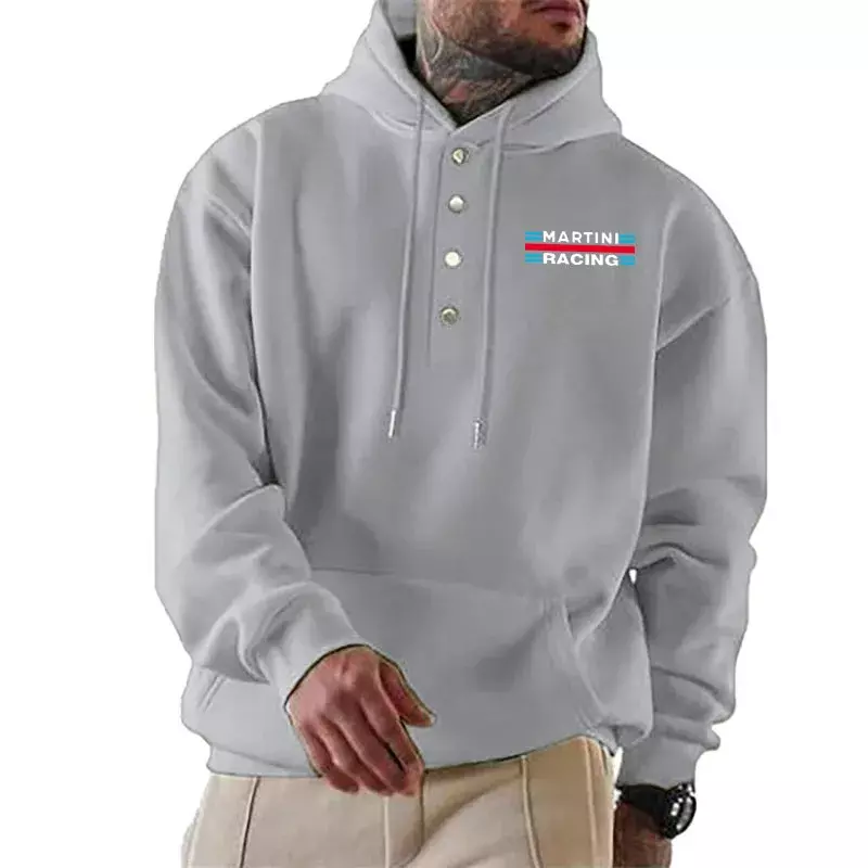 Solid Color Men Hoodies Fleece Martini Racing print Mens Sweatshirt Fashion Streetwear Casual Breasted design Pullovers top