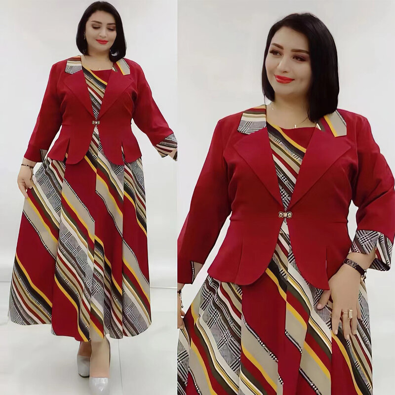 MD Dashiki Cetak Afrika 2 Buah Set untuk Wanita Gaun Mantel Setelan Ukuran Plus Pakaian Bunga Maxi Jubah Elegan Pakaian Kantor Wanita