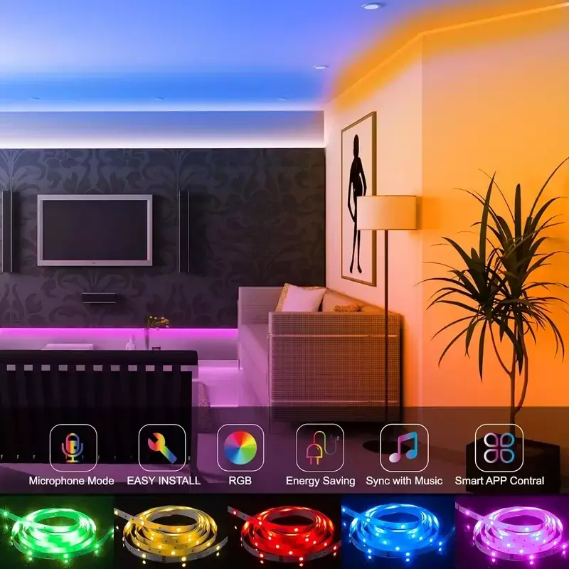Fita de luz led RGB, usb, 1-20m, 5v, com controle de aplicativos, sincronização de música, para festa e casa