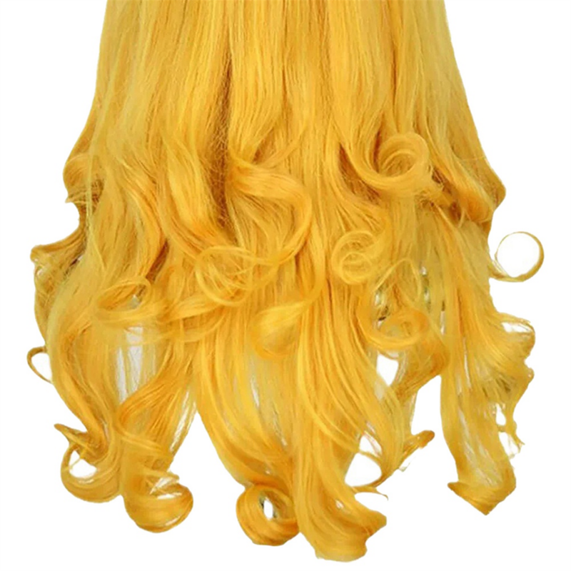 Wig Princess Kecantikan tidur Anime kostum Cosplay rambut kuning panjang wanita Wig pesta Halloween rambut keriting panjang