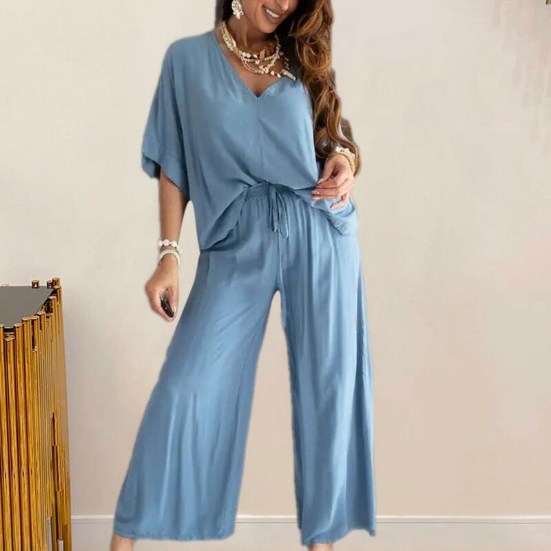 Women Top Pants Set Stylish Women's Top Pants Set with Wide Leg Trousers V Neck Bat Sleeve Loose T-shirt High Waist for Casual