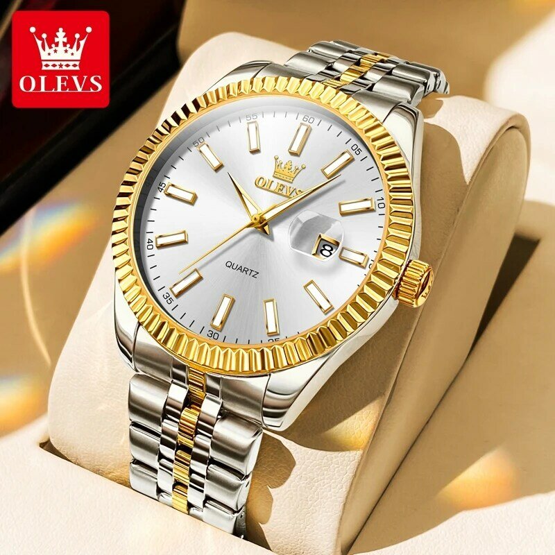 OLEVS-Relógio Quartz em Aço Inoxidável para Homens, Impermeável, Calendário Luminoso, Relógios de Luxo, Nova Moda