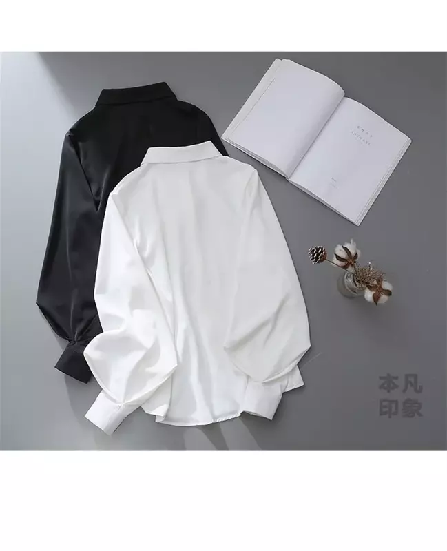 Camisa de gola virada para baixo solta manga lanterna feminina, blusas sólidas simples, luxo-B, 23USD-branco, design