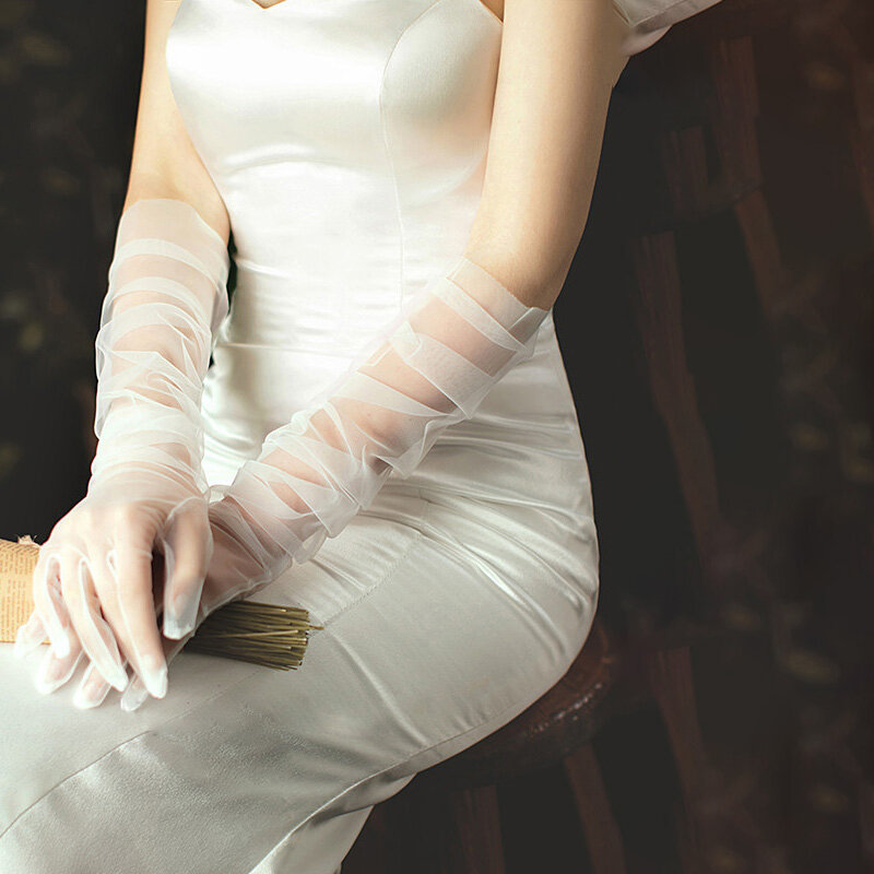 長い透明チュール手袋,超薄型,伸縮性,完全な指のミトン,肘,結婚式,ハロウィーンのアクセサリー