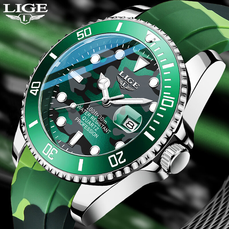 Lige-男性用腕時計,クォーツ,スポーツ,耐水性,ダイビング,軍事,男性