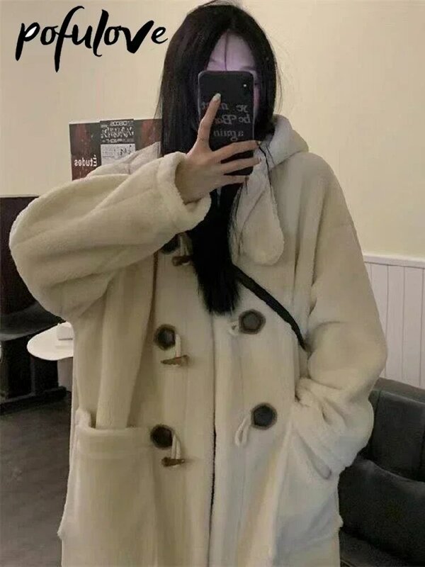 Wełna jagnięca płaszcze damskie polarowe bluzy z kapturem kurtki Cowhorn luźny płaszcz zimowy ciepły damski płaszcz koreańska gruba kurtka średniej długości