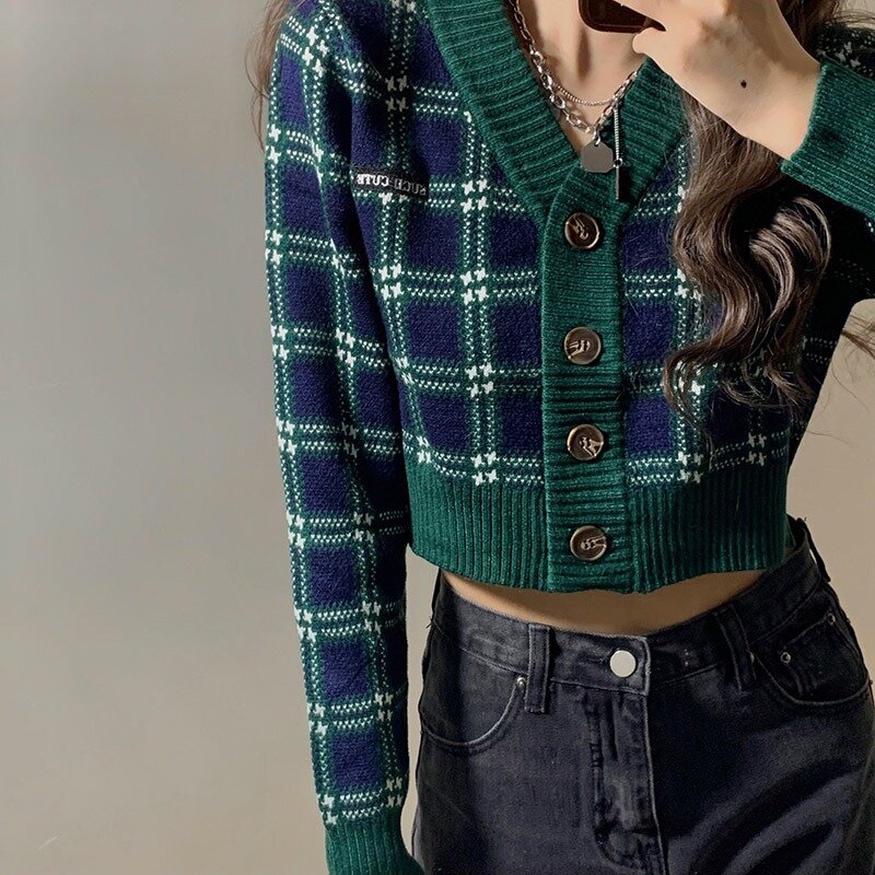 여성용 체크무늬 스웨터, 빈티지 V넥 싱글 브레스트 가디건, 가을 겨울, 한국 패션 크롭 가디건