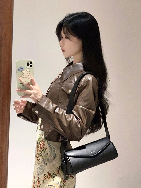 Female Korean Retro Spicy Girl Style Coffee Color Short Leather Jacket 2024 Spring Women's New High-end PU Leather Jacket Top