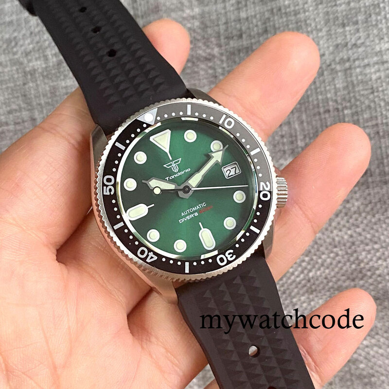 Tandorio-Reloj de pulsera automático NH35A para hombre, cronógrafo con esfera luminosa de 37mm, inserto de aleación de corona, correa de gofre, fecha automática, color verde, 3,8