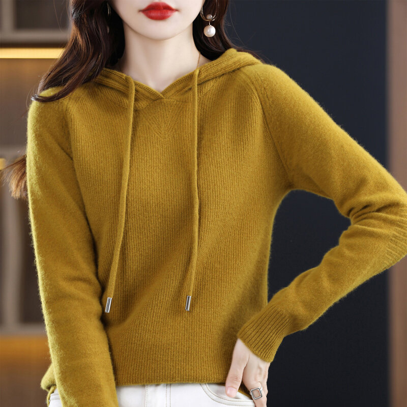 Pull à capuche en laine Pure pour femme, ample, Style occidental, à manches longues, à la mode, tricoté, Version coréenne, automne hiver